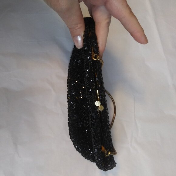Vintage made in Hong Kong  black Beaded and Sequined clutch handbag kiss clasp - Picture 9 of 17